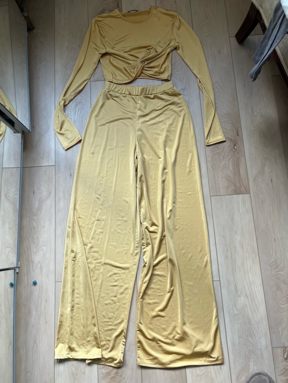Nasty Gal Mustard Yellow Twist-Front Crop Top & Wide-Leg Pants Set